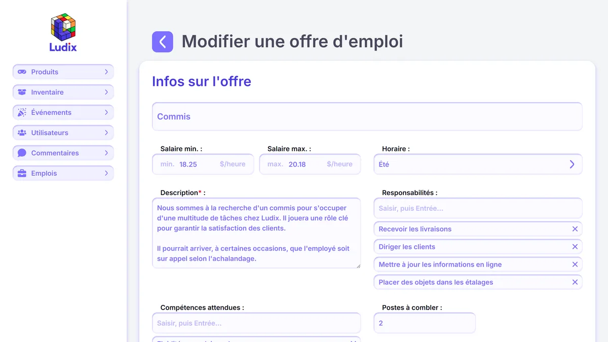 Capture d'écran du back-office Ludix, modification d'une offre d'emploi
