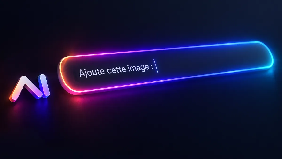 Rendu 3D néon d'une barre de saisie de prompt IA, avec le curseur en attente de texte
