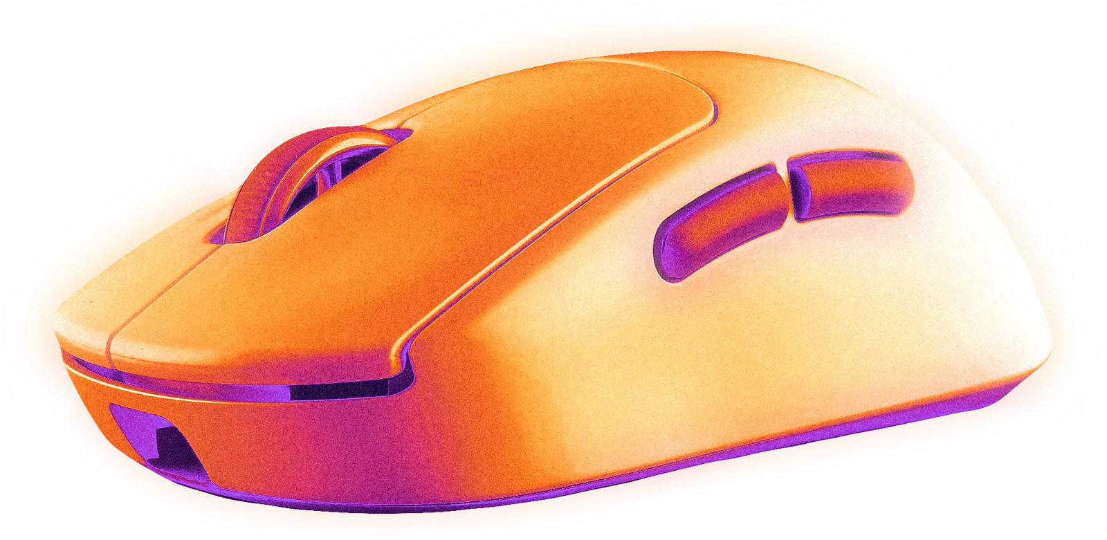 Rendu 3D d'une souris d'ordinateur, dégradé orange et violet sur fond de halo lumineux